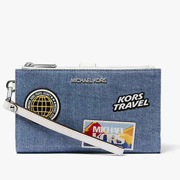 NWT Michael Kors Jet Set Travel Large Embellished Denim Wristlet - Picture 1 of 7